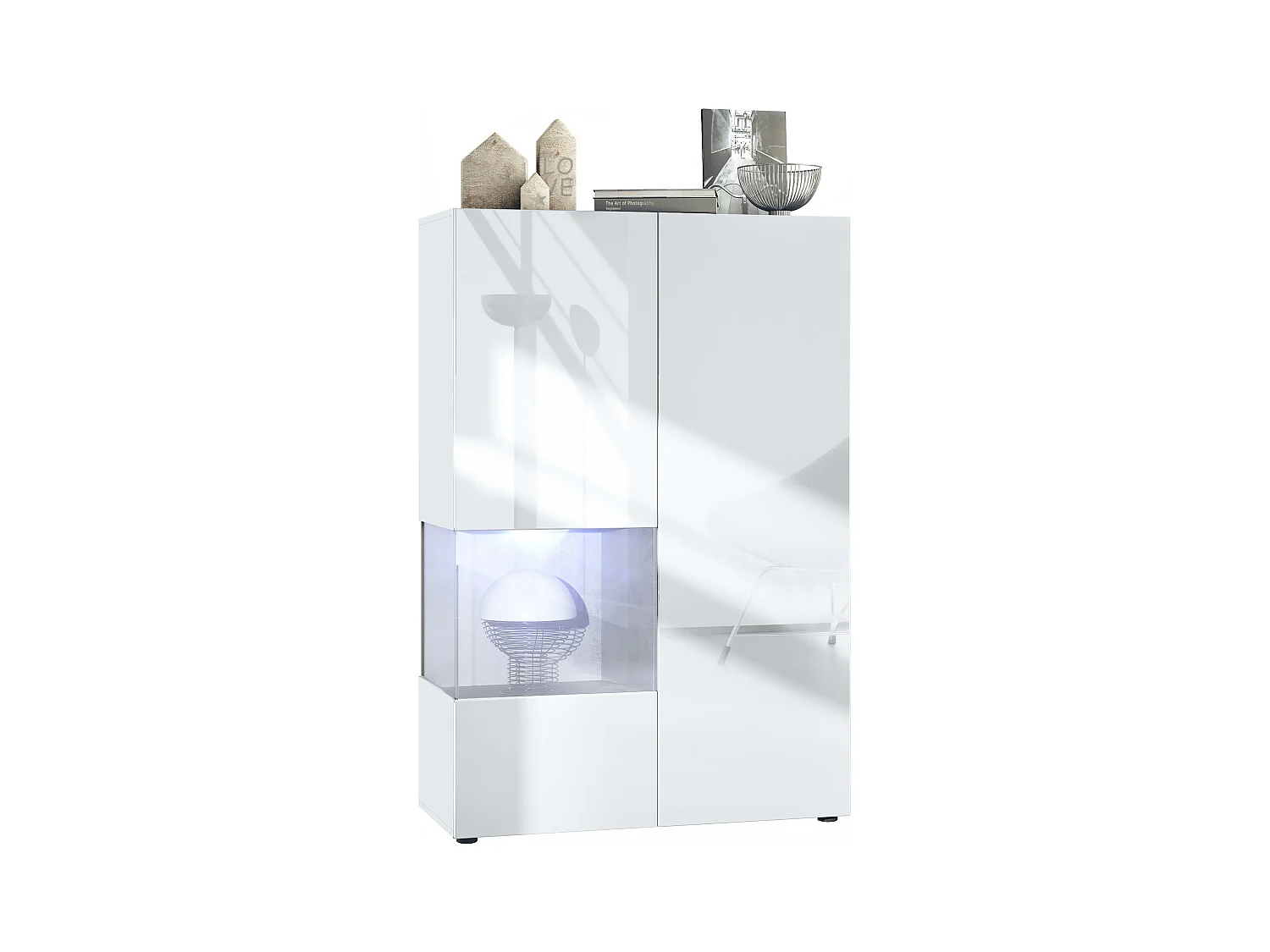 Vitrine Morena V2, vitrine sur pied avec 2 portes et insert en verre, corps blanc mat, façades Blanc brillant, Cube aspect béton oxyde avec LED blanc