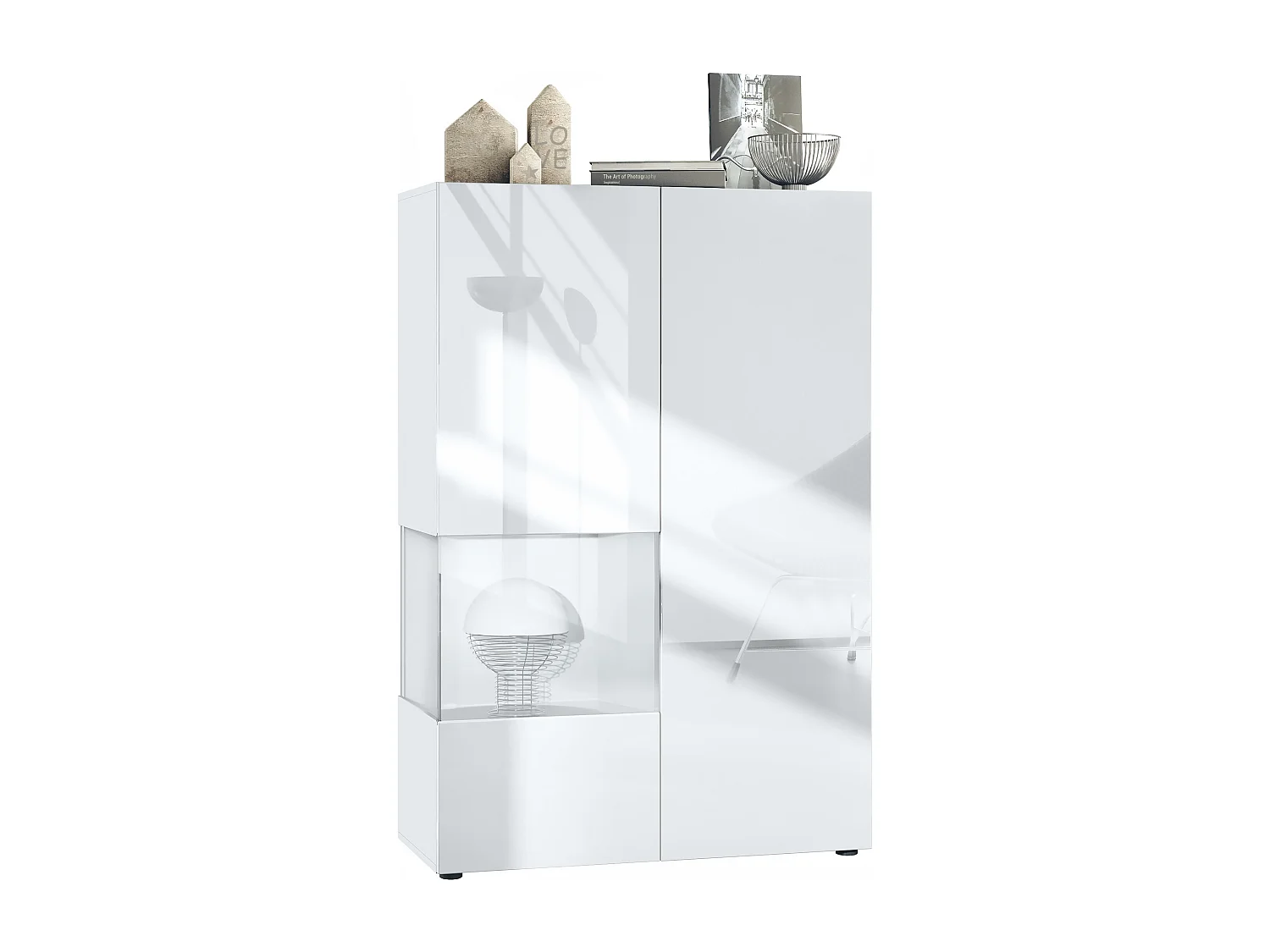 Vetrina Vladon Morena V2, vetrina a pavimento, mobile bianco opaco, frontali bianco lucido, cubo bianco opaco  (91,5 x 136,5 x 37 cm)