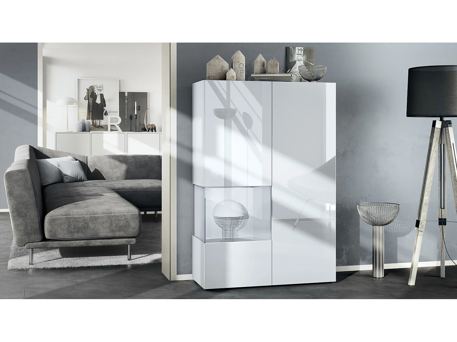 Vetrina Vladon Morena V2, vetrina a pavimento, mobile bianco opaco, frontali bianco lucido, cubo bianco opaco  (91,5 x 136,5 x 37 cm)