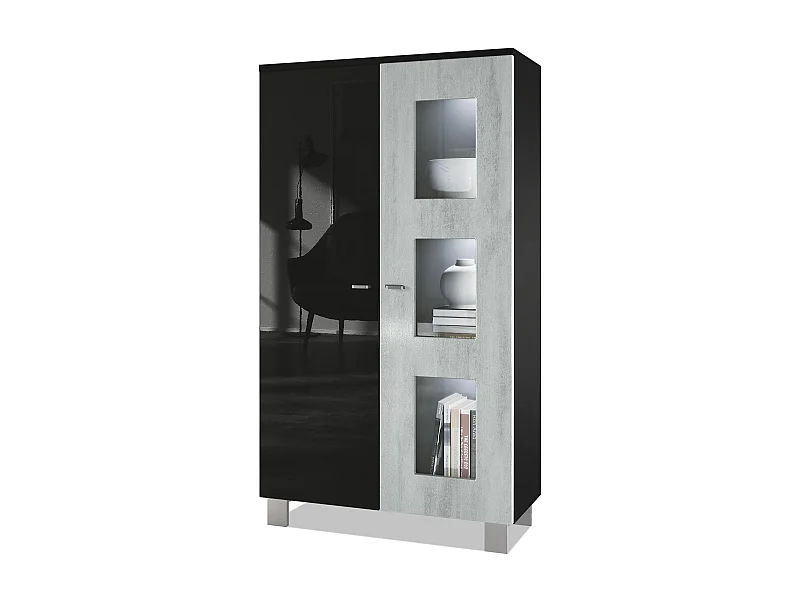 Vitrine de salon Denjo, Vitrine sur pied avec 2 portes et 3 vitres, Noir mat/Noir haute brillance/Aspect Béton Oxyde, éclairage LED inclus (71 x 129 x 35 cm)