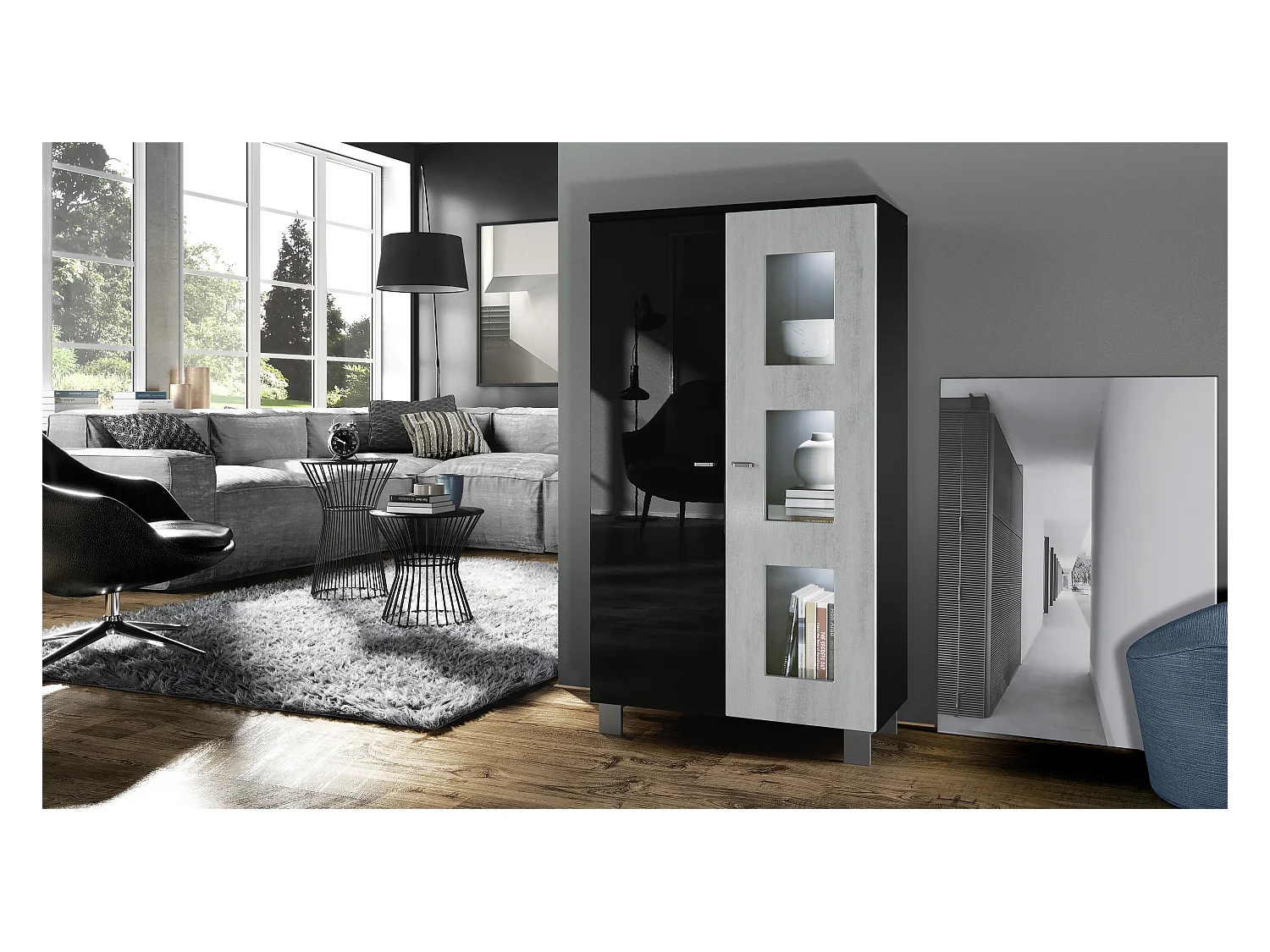 Vitrine de salon Denjo, Vitrine sur pied avec 2 portes et 3 vitres, Noir mat/Noir haute brillance/Aspect Béton Oxyde, éclairage LED inclus (71 x 129 x 35 cm)