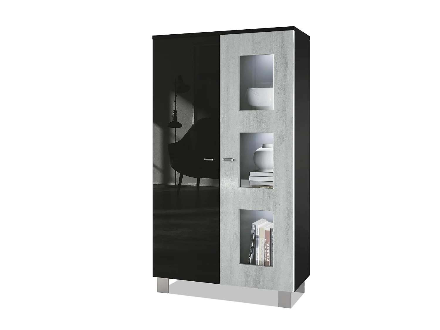 Vitrine de salon Denjo, Vitrine sur pied avec 2 portes et 3 vitres, Noir mat/Noir haute brillance/Aspect Béton Oxyde, éclairage LED inclus (71 x 129 x 35 cm)