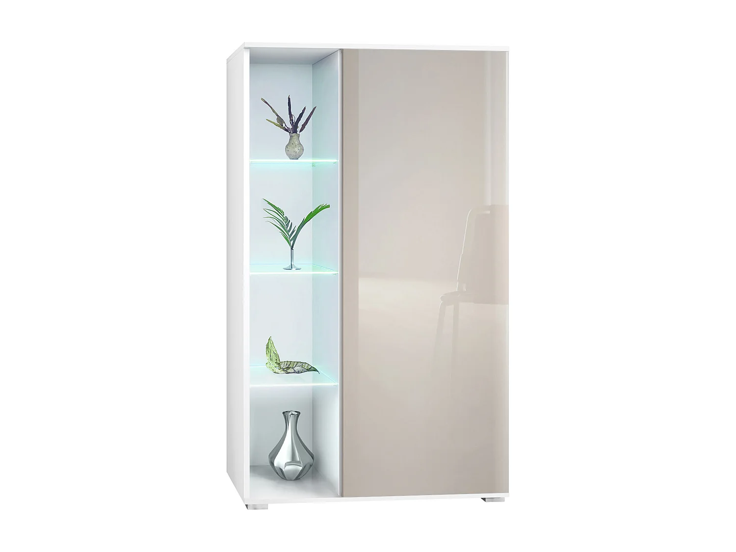 Vitrina Davos, vitrina independiente con 3 estantes de cristal y 8 compartimentos incl. LED, blanco mate/gris arena de alto brillo  (71,5 x 134 x 35 cm)