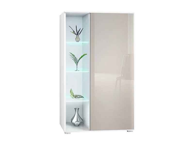 Vitrine Davos, vitrine sur pied avec 3 étagères en verre et 8 compartiments y compris LED, blanc mat/gris sable haute brillance  (71,5 x 134 x 35 cm)