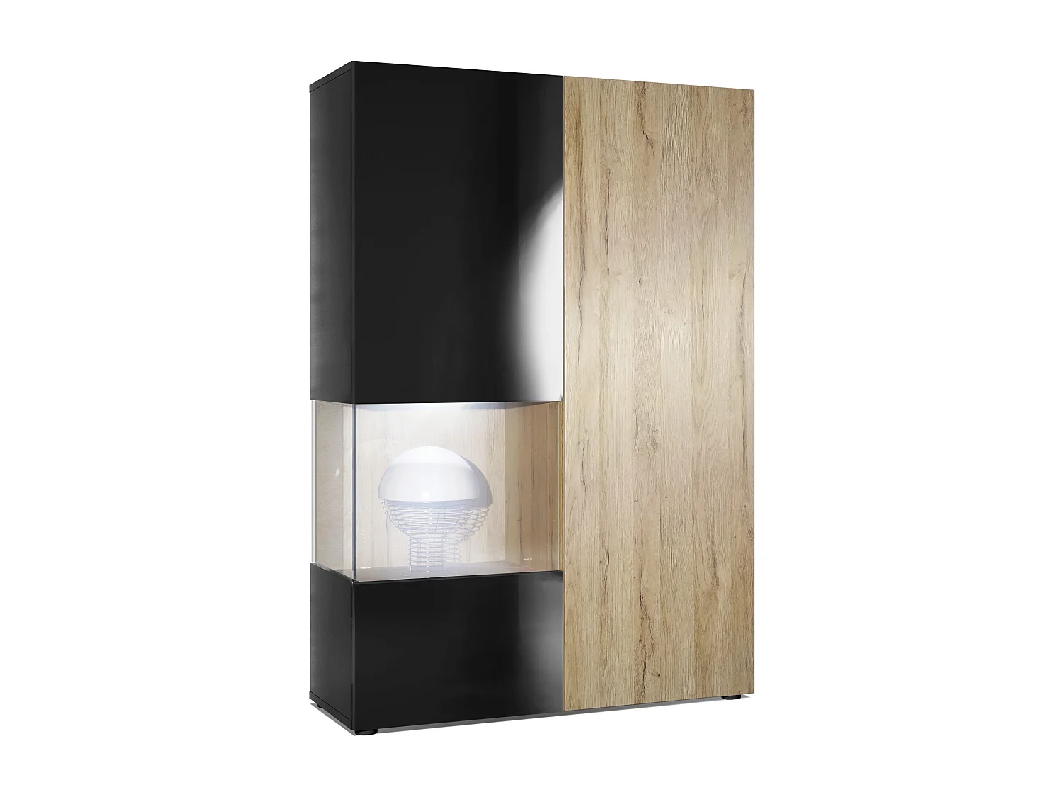 Vitrine Armoire Morena, Corps en Noir mat / Porte droite et insert en Chêne Nature avec éclairage LED
