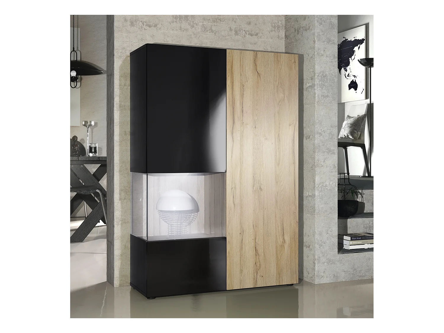 Vitrine Armoire Morena, Corps en Noir mat / Porte droite et insert en Chêne Nature avec éclairage LED