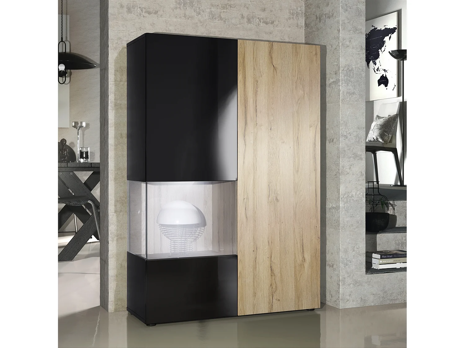 Armadio espositivo alto Morena, struttura in nero opaco / anta destra e inserto in rovere naturale con illuminazione a LED