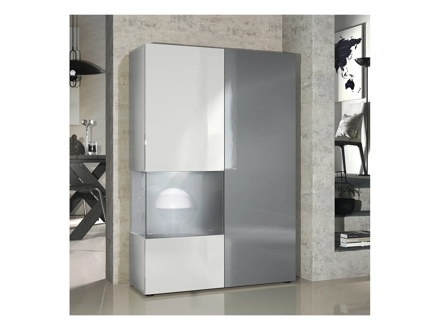 Vitrine Armoire Morena, Corps en Blanc mat / Porte droite et insert en Gris haute brillance avec éclairage LED