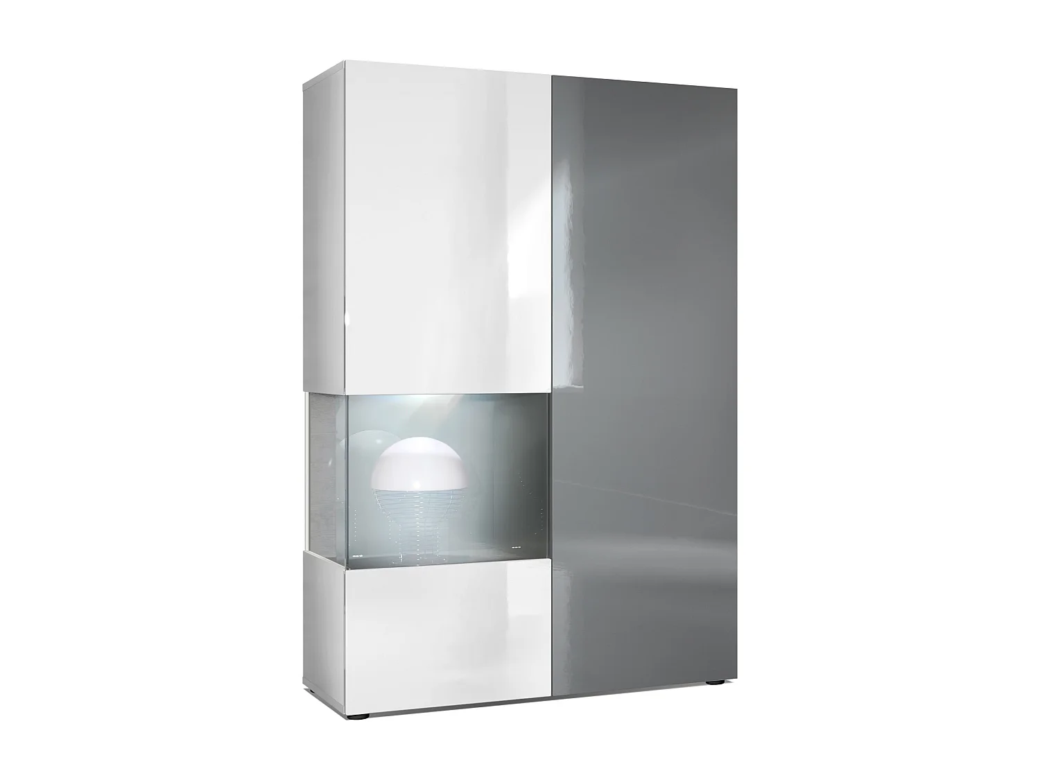Armadio espositivo alto Morena, struttura in bianco opaco / anta destra e inserto in grigio lucido con illuminazione a LED