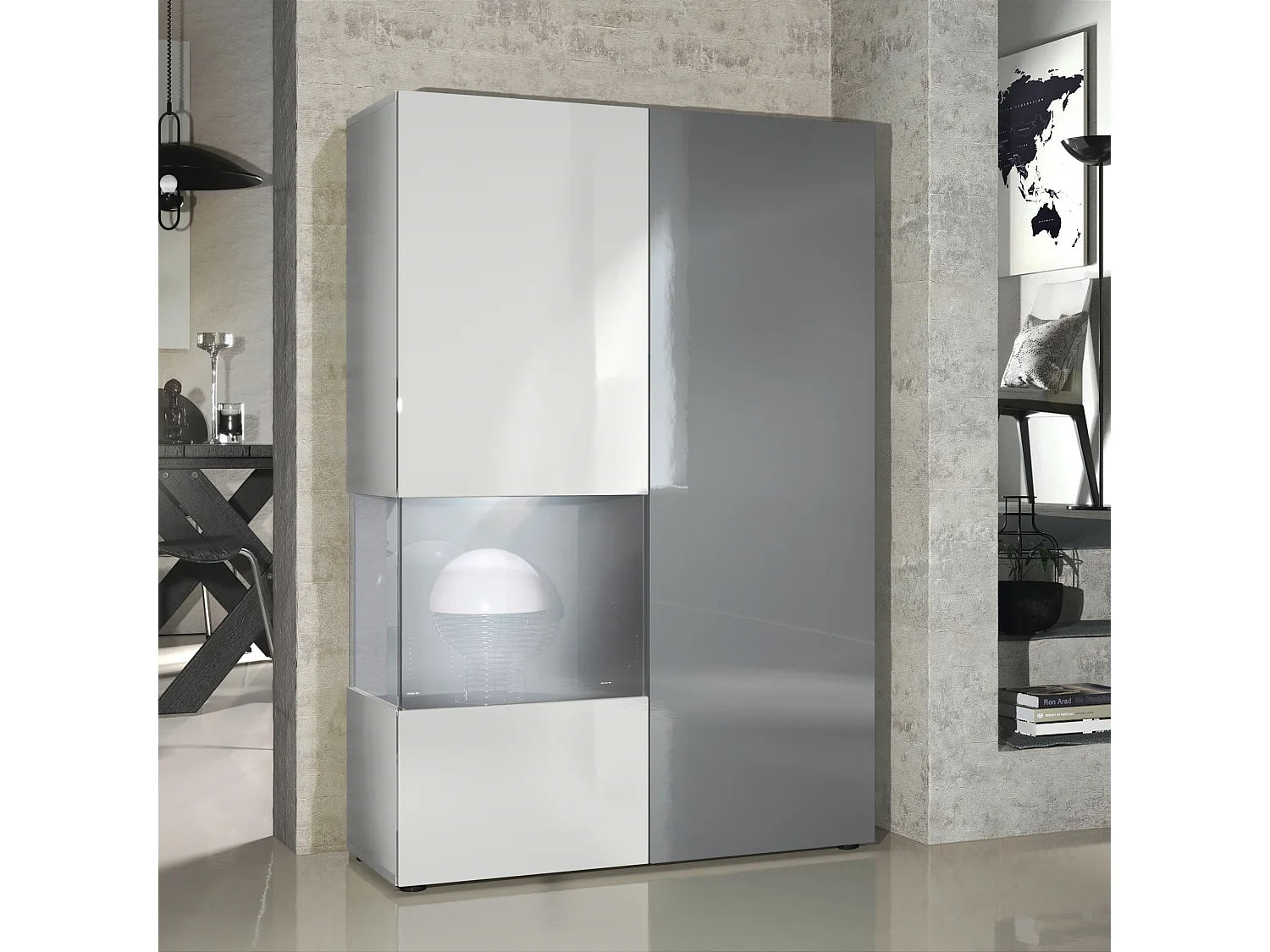 Armadio espositivo alto Morena, struttura in bianco opaco / anta destra e inserto in grigio lucido con illuminazione a LED