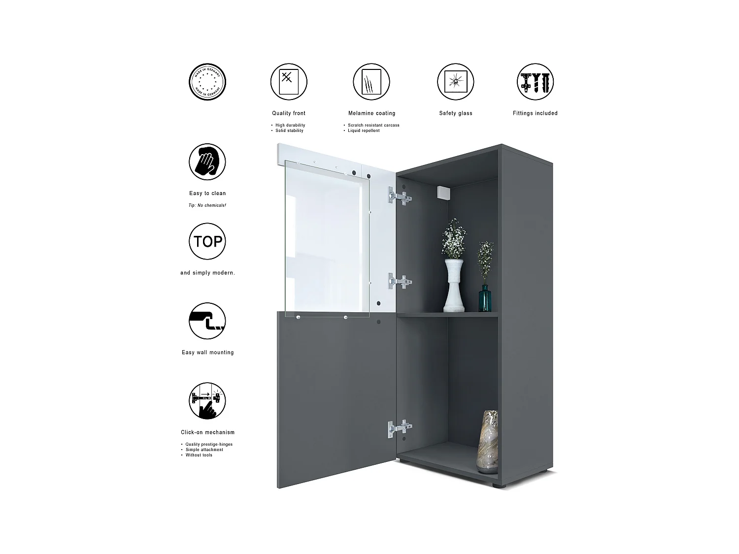 Vitrine Stream, Vitrine sur Pied/Murale avec 1 Grande Porte et 2 Compartiments Spacieux, anthracite mat/blanc mat ( 50,5 x 111 x 32,5 cm)