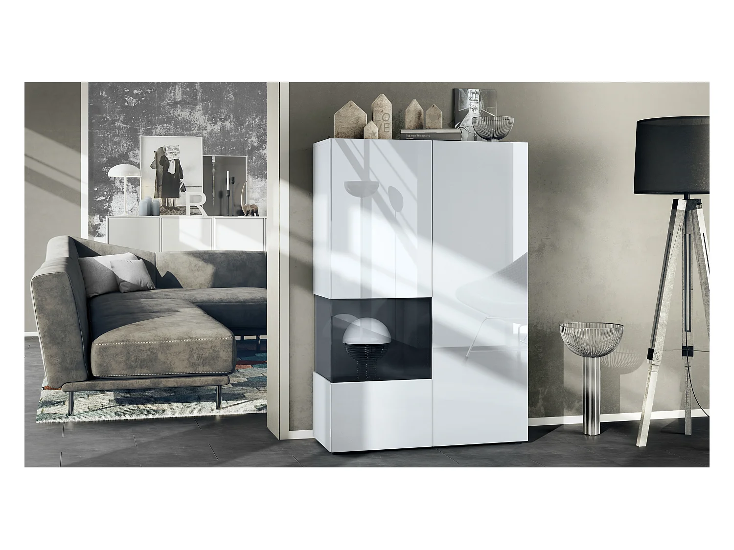 Vitrine Morena V2, vitrine sur pied avec 2 portes et insert en verre, corps blanc mat, façades blanc haute brillance, Cube noir haute brillance