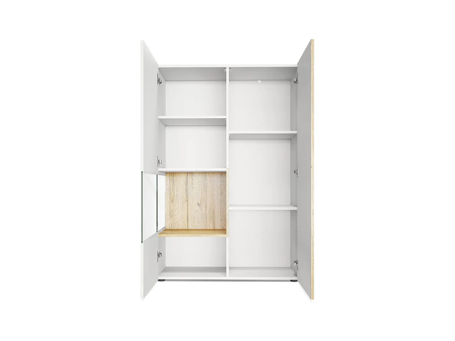 Vitrine Morena V2, vitrine sur pied avec 2 portes et insert en verre, corps blanc mat, façades blanc haute brillance, Cube noir haute brillance