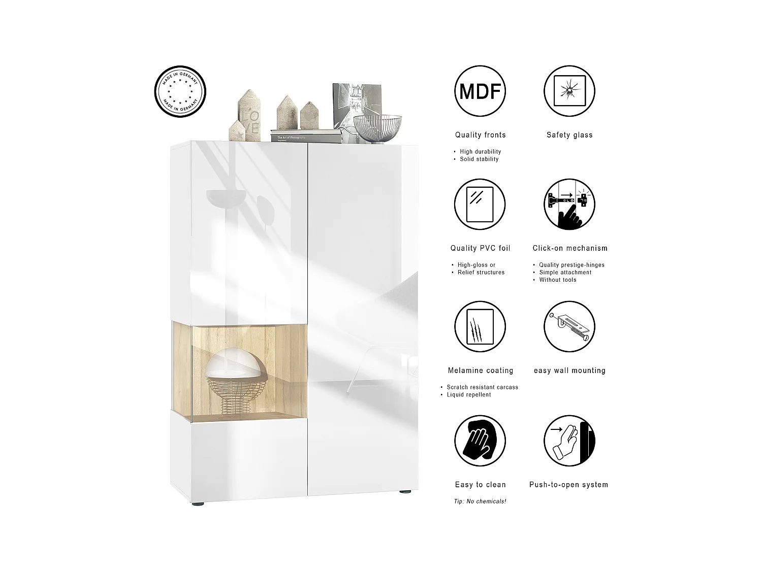 Vitrine Morena V2, vitrine sur pied avec 2 portes et insert en verre, corps blanc mat, façades blanc haute brillance, Cube noir haute brillance