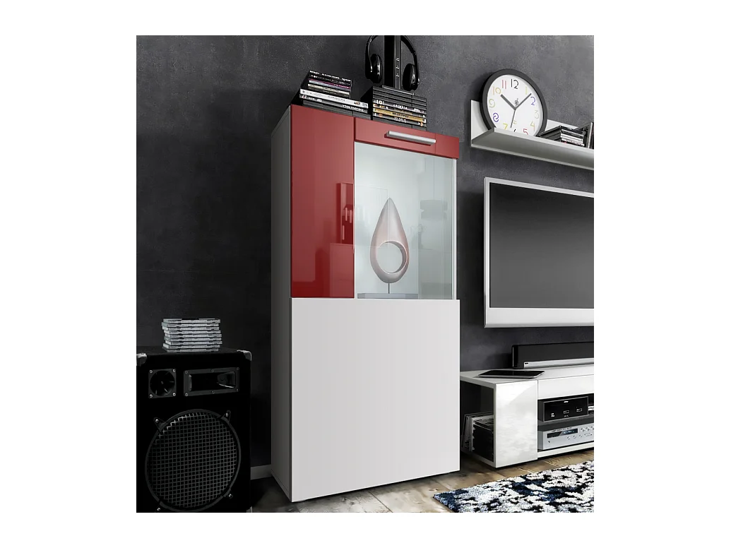 Vitrine de cinéma, blanc mat/bordeaux haute brillance - Vitrine moderne en verre - (LxHxP) : 50,5 x 111 x 32,5 cm