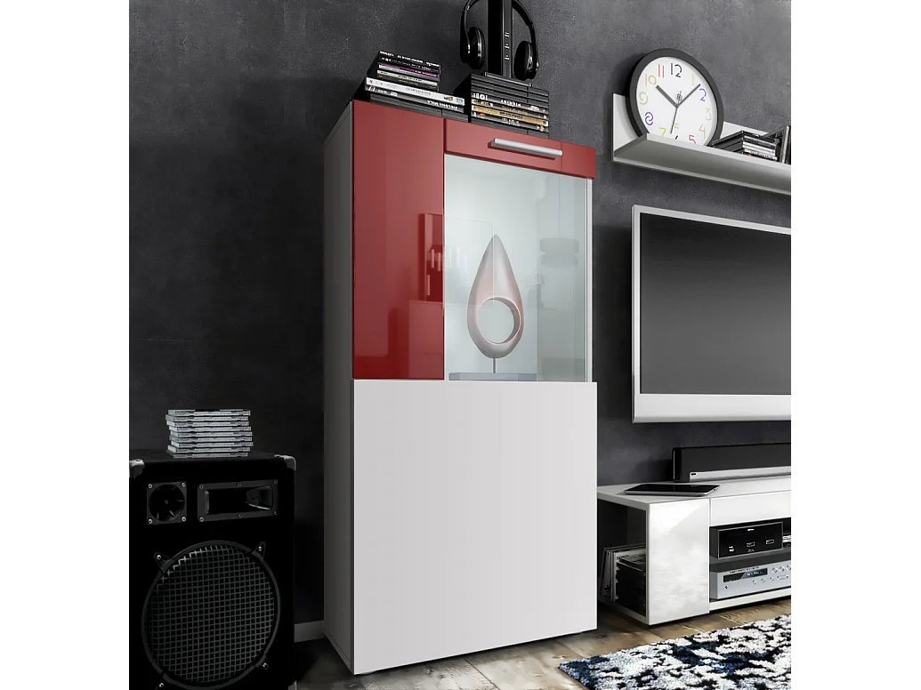 Vladon Vetrina Movie, bianco opaco/bordeaux lucido - Vetrina moderna in vetro - (LxHxP): 50,5 x 111 x 32,5 cm
