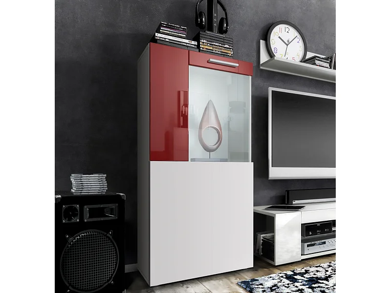 Vitrine de cinéma, blanc mat/bordeaux haute brillance - Vitrine moderne en verre - (LxHxP) : 50,5 x 111 x 32,5 cm