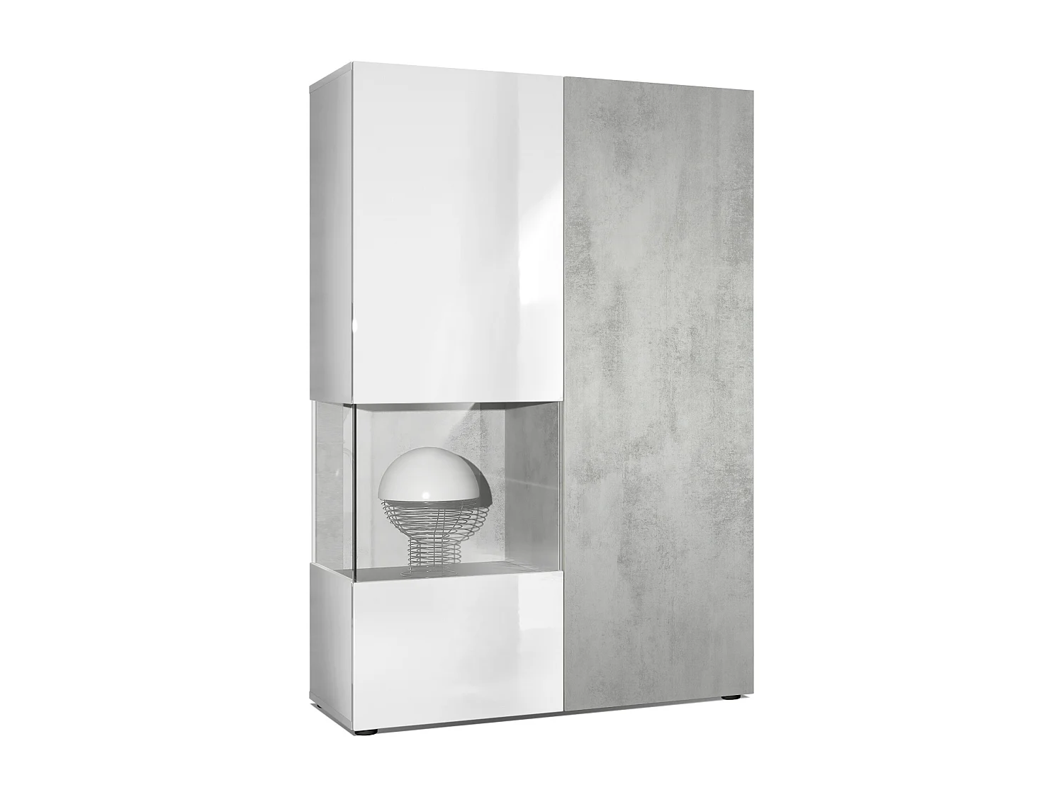Vitrine Armoire Morena, Corps en Blanc mat / Porte droite et insert en Aspect Béton Oxyde