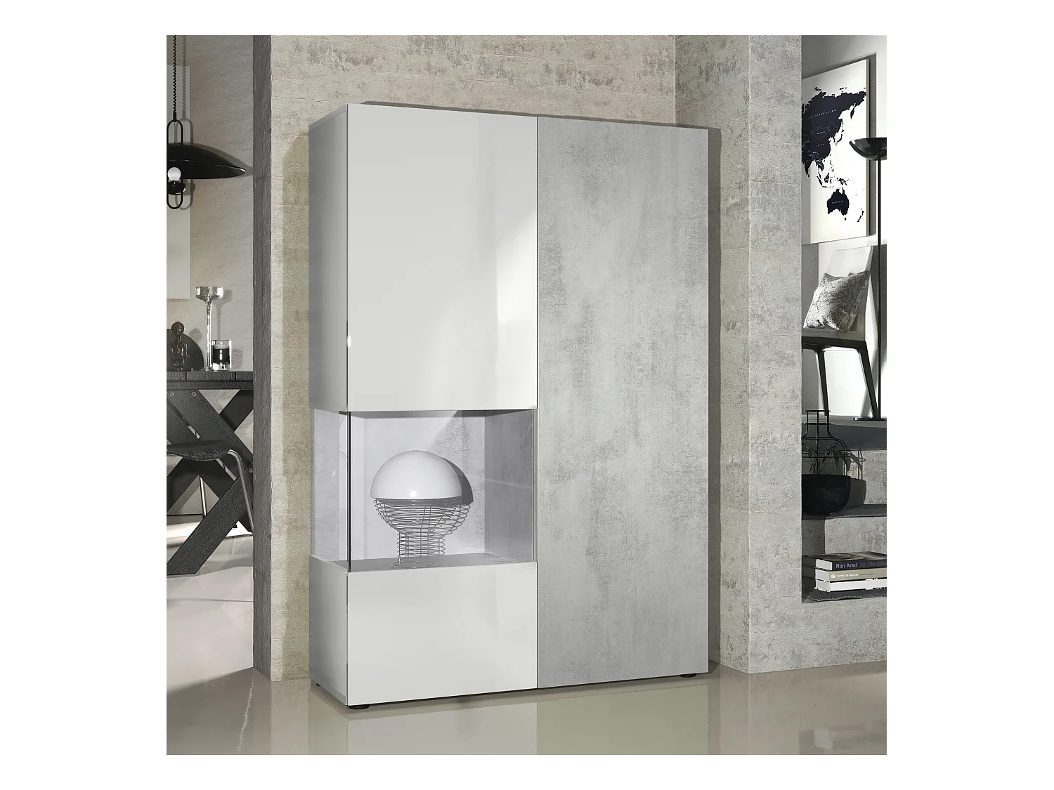 Vitrine Armoire Morena, Corps en Blanc mat / Porte droite et insert en Aspect Béton Oxyde