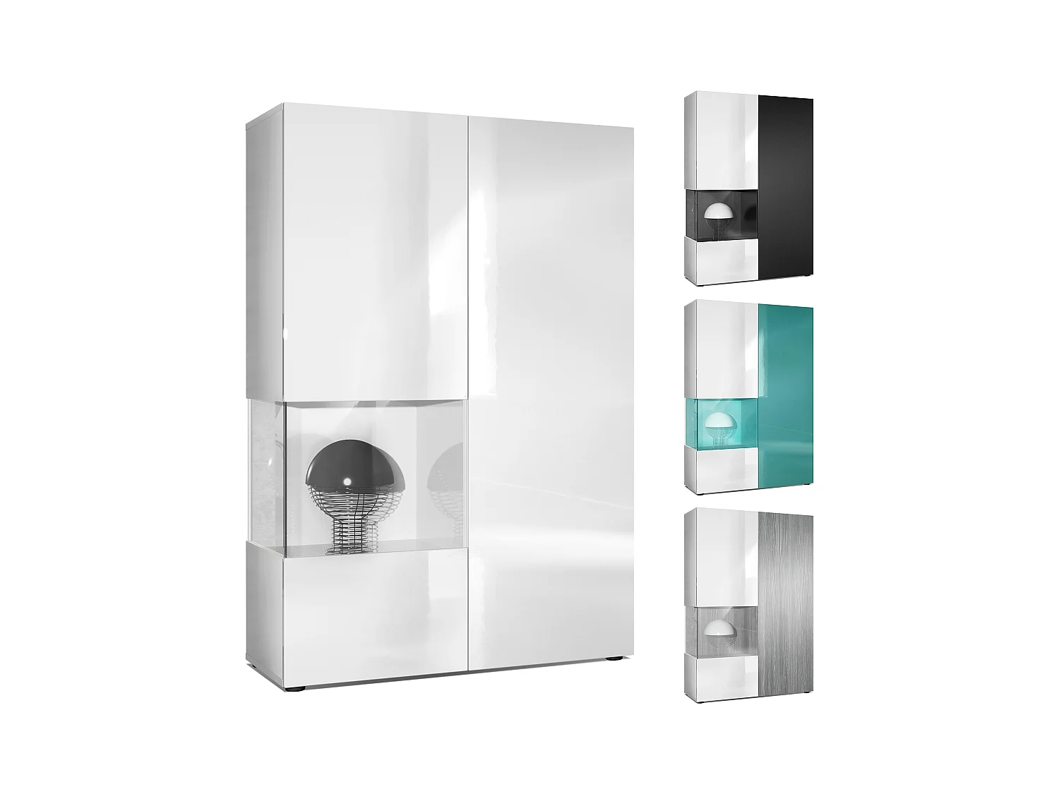Vitrine Armoire Morena, Corps en Blanc mat / Porte droite et insert en Aspect Béton Oxyde