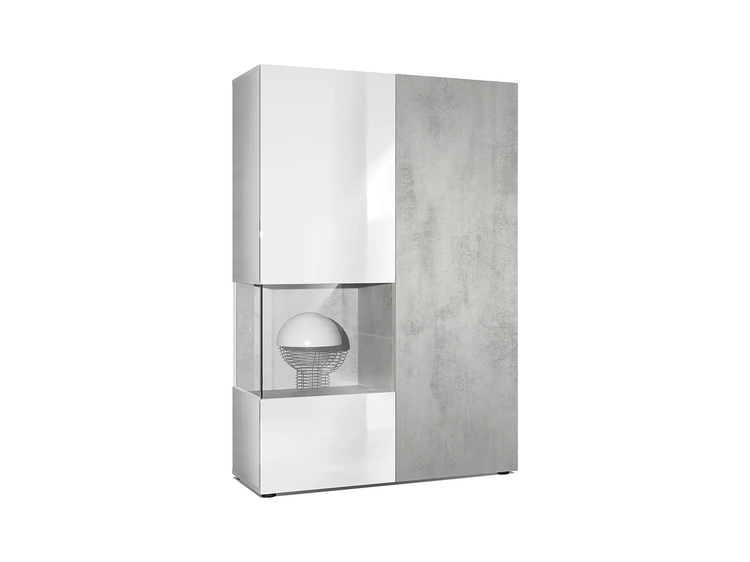 Vitrina Cómoda Morena, cuerpo en blanco mate/ puerta derecha e inserción con apariencia de óxido de hormigón