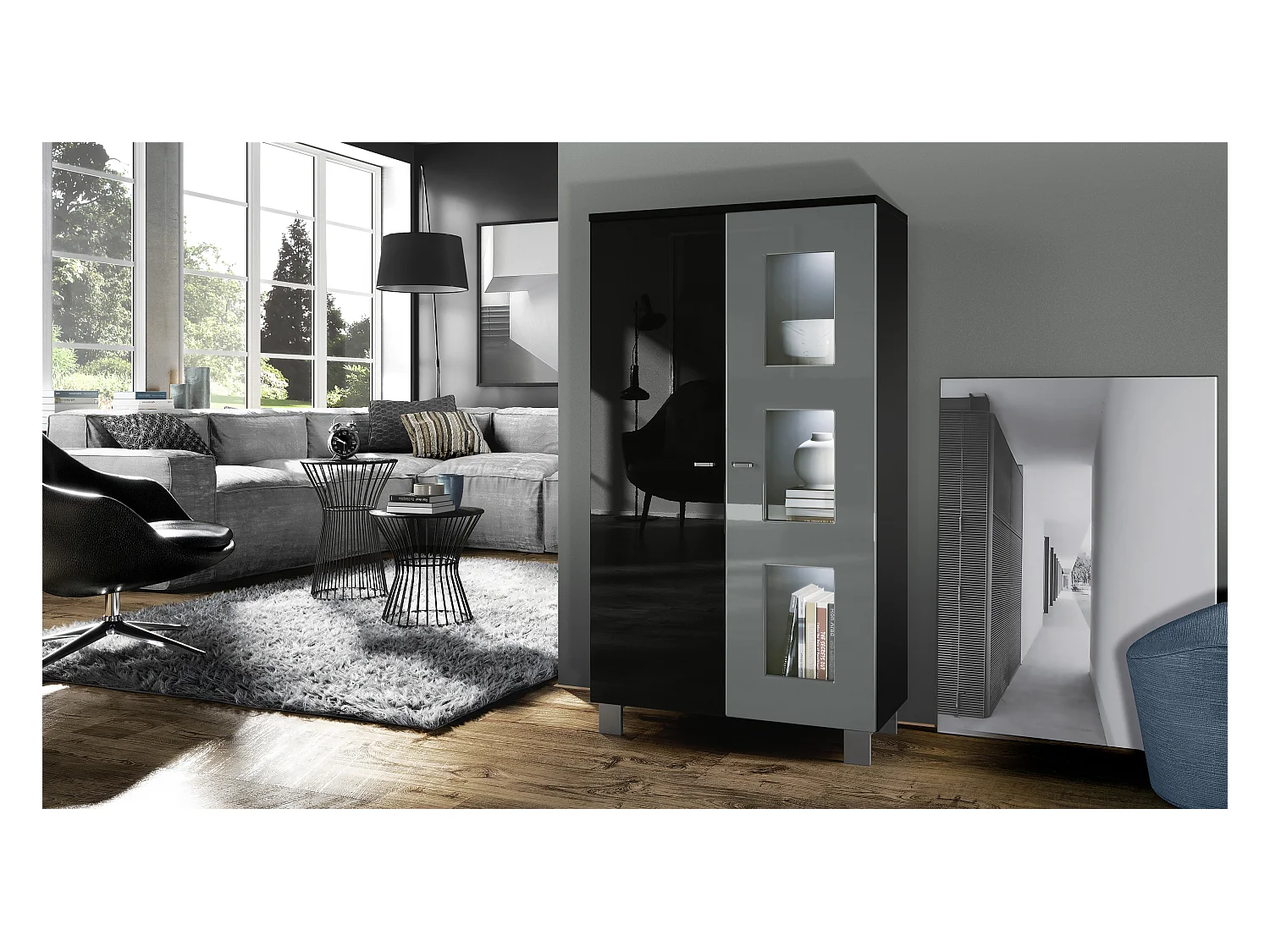 Vitrine de salon Denjo, Vitrine sur pied avec 2 portes et 3 vitres, Noir mat/Noir brillant/Gris brillant, éclairage LED inclus (71 x 129 x 35 cm)