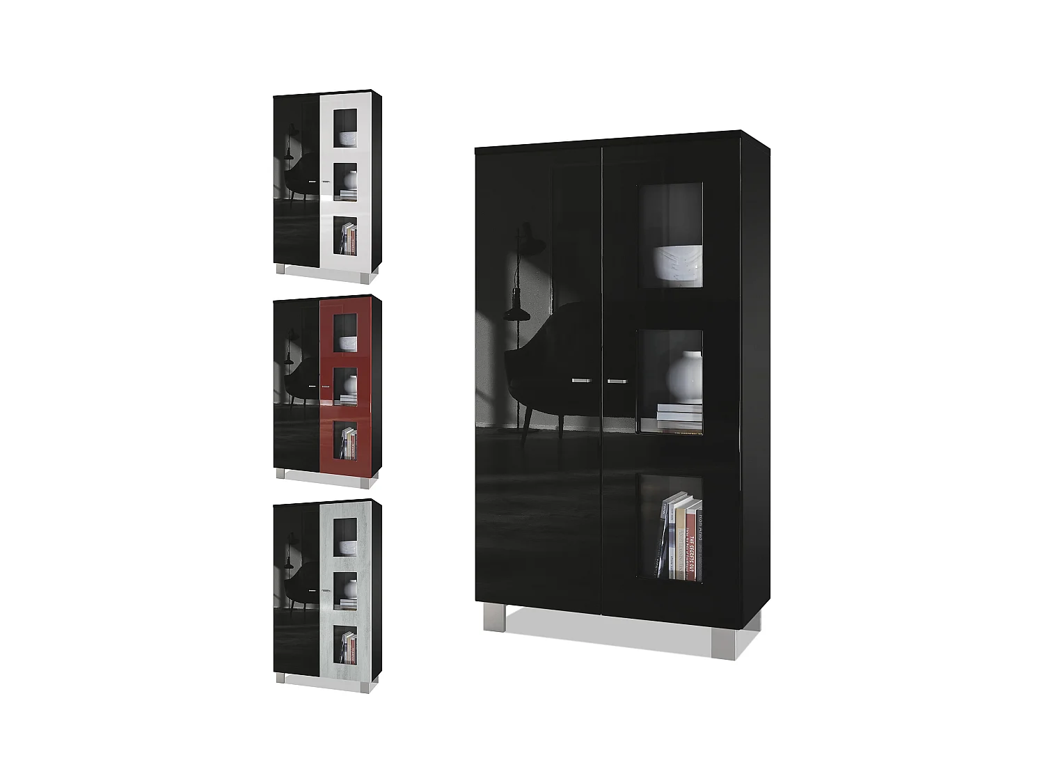 Vitrine de salon Denjo, Vitrine sur pied avec 2 portes et 3 vitres, Noir mat/Noir brillant/Gris brillant, éclairage LED inclus (71 x 129 x 35 cm)