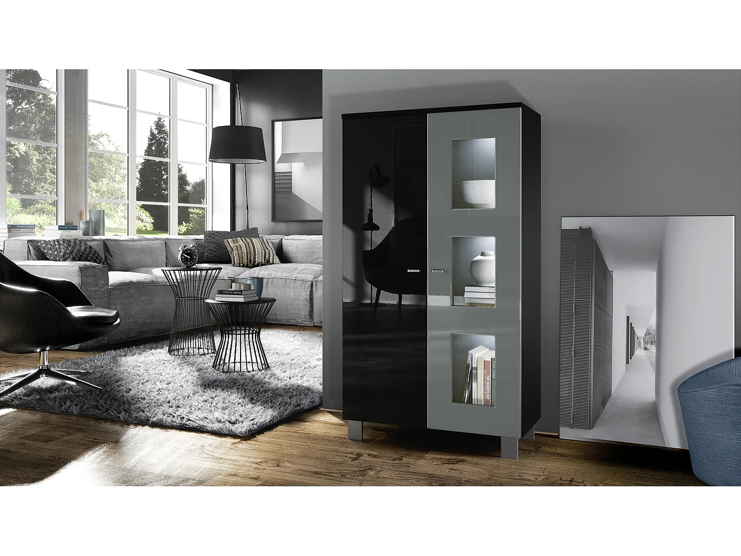 VITRINE Denjo Tür in Grau Hochglanz