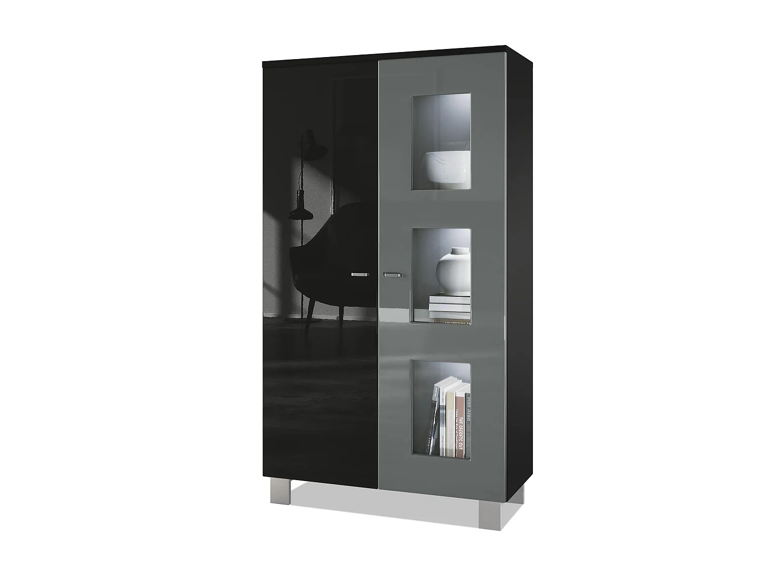 Vitrine de salon Denjo, Vitrine sur pied avec 2 portes et 3 vitres, Noir mat/Noir brillant/Gris brillant, éclairage LED inclus (71 x 129 x 35 cm)