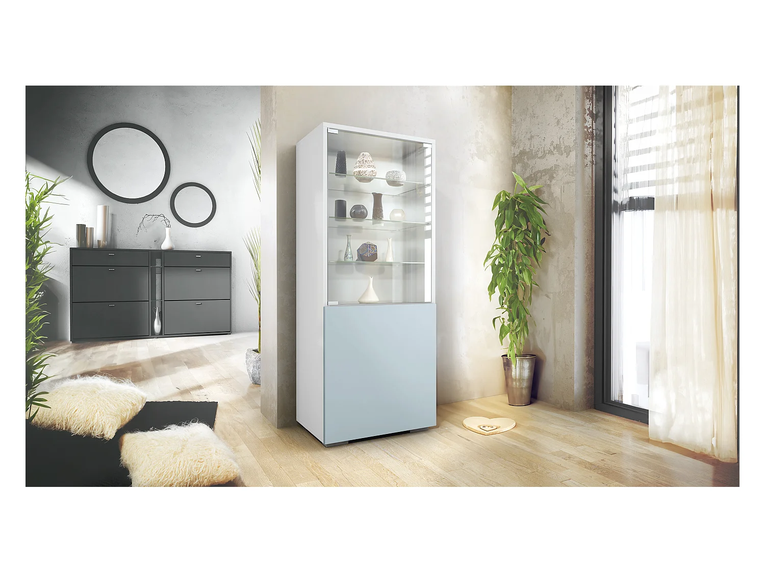 Vitrine Granada, Armoire Vitrée Made in Germany, avec Porte en Verre et Insert en Verre, blanc mat/denim mat (50 x 122,5 x 34,5 cm)