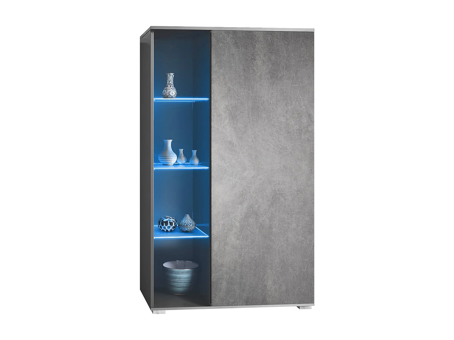 Vitrine Davos, vitrine sur pied avec 3 étagères en verre et 8 compartiments y compris LED, anthracite mat/Gris pierre  (71,5 x 134 x 35 cm)