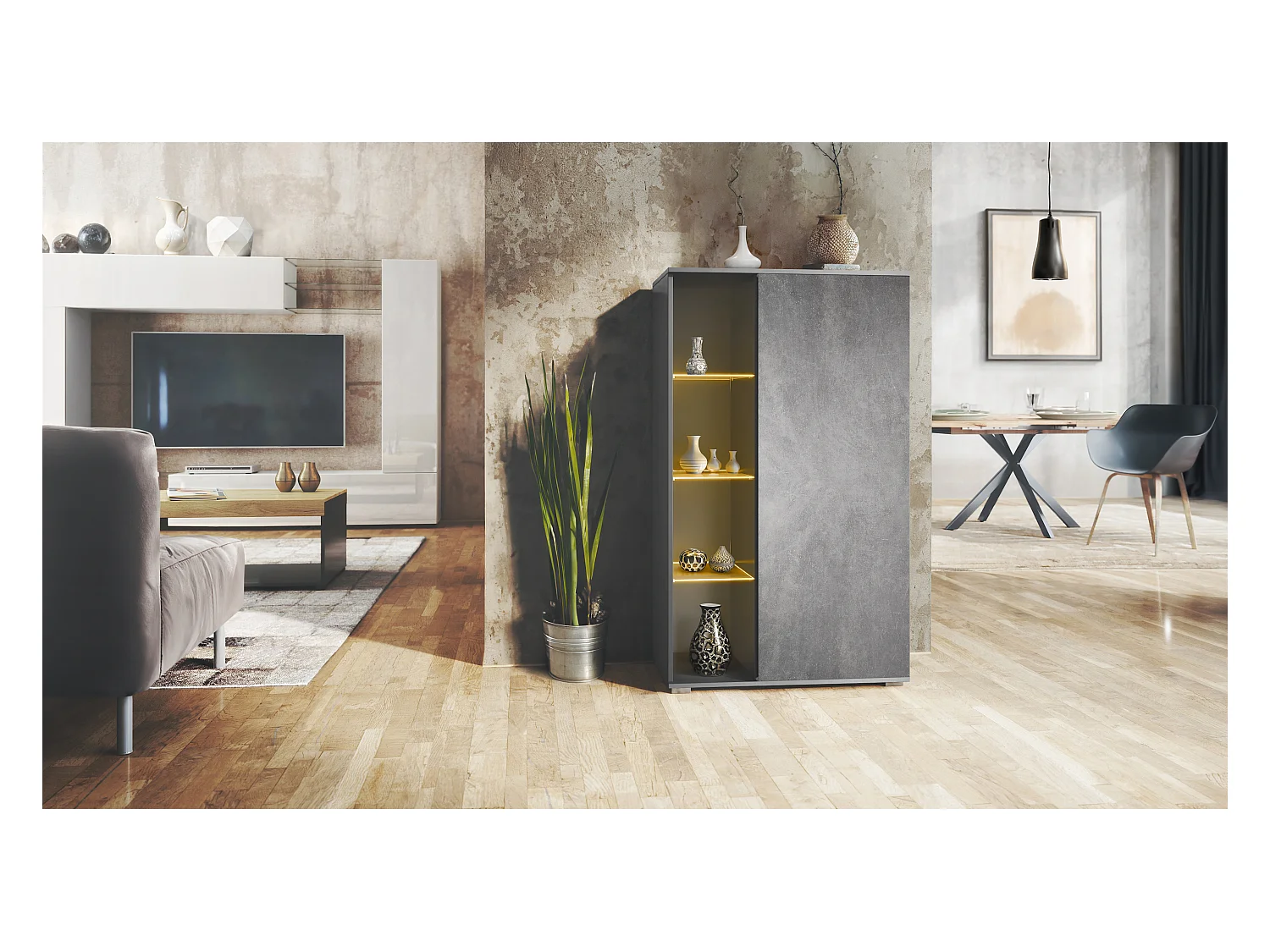 Vitrine Davos, vitrine sur pied avec 3 étagères en verre et 8 compartiments y compris LED, anthracite mat/Gris pierre  (71,5 x 134 x 35 cm)
