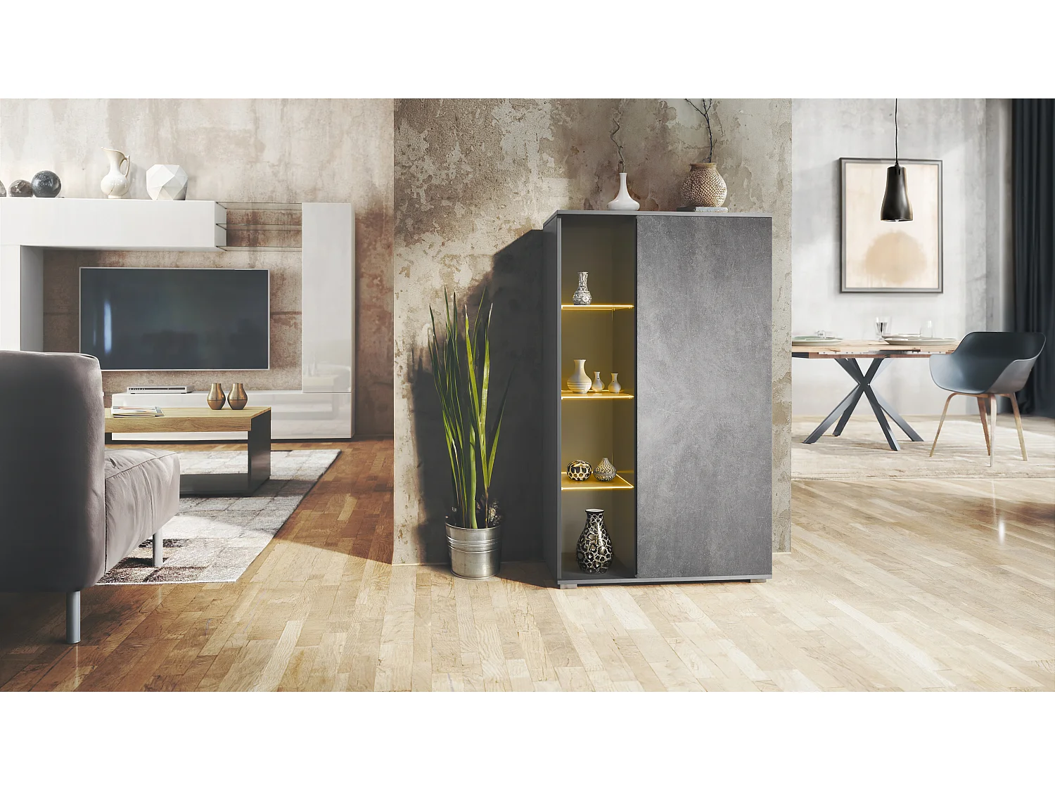 Vitrine Davos, vitrine sur pied avec 3 étagères en verre et 8 compartiments y compris LED, anthracite mat/Gris pierre  (71,5 x 134 x 35 cm)