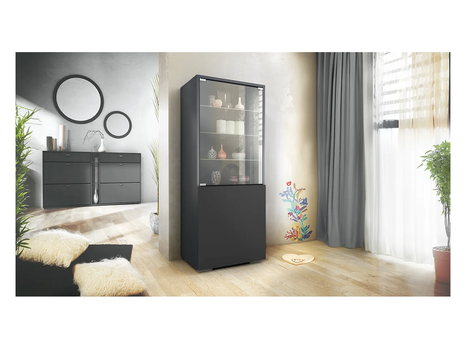 Vitrine Granada de , Armoire Vitrée Made in Germany avec Porte en Verre et Insert en Verre, anthracite mat/noir mat (50 x 122,5 x 34,5 cm)