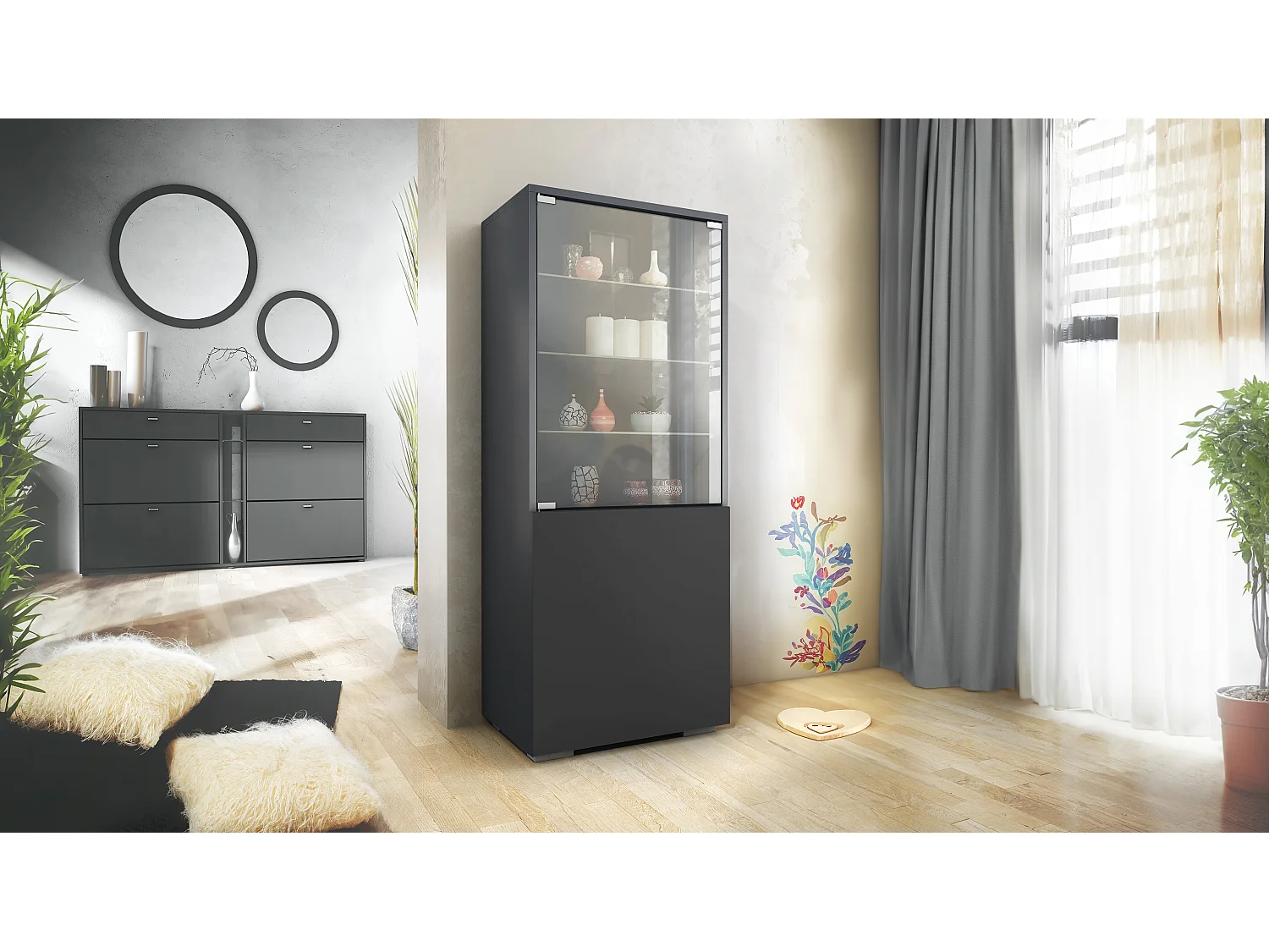 Vitrine Granada de , Armoire Vitrée Made in Germany avec Porte en Verre et Insert en Verre, anthracite mat/noir mat (50 x 122,5 x 34,5 cm)