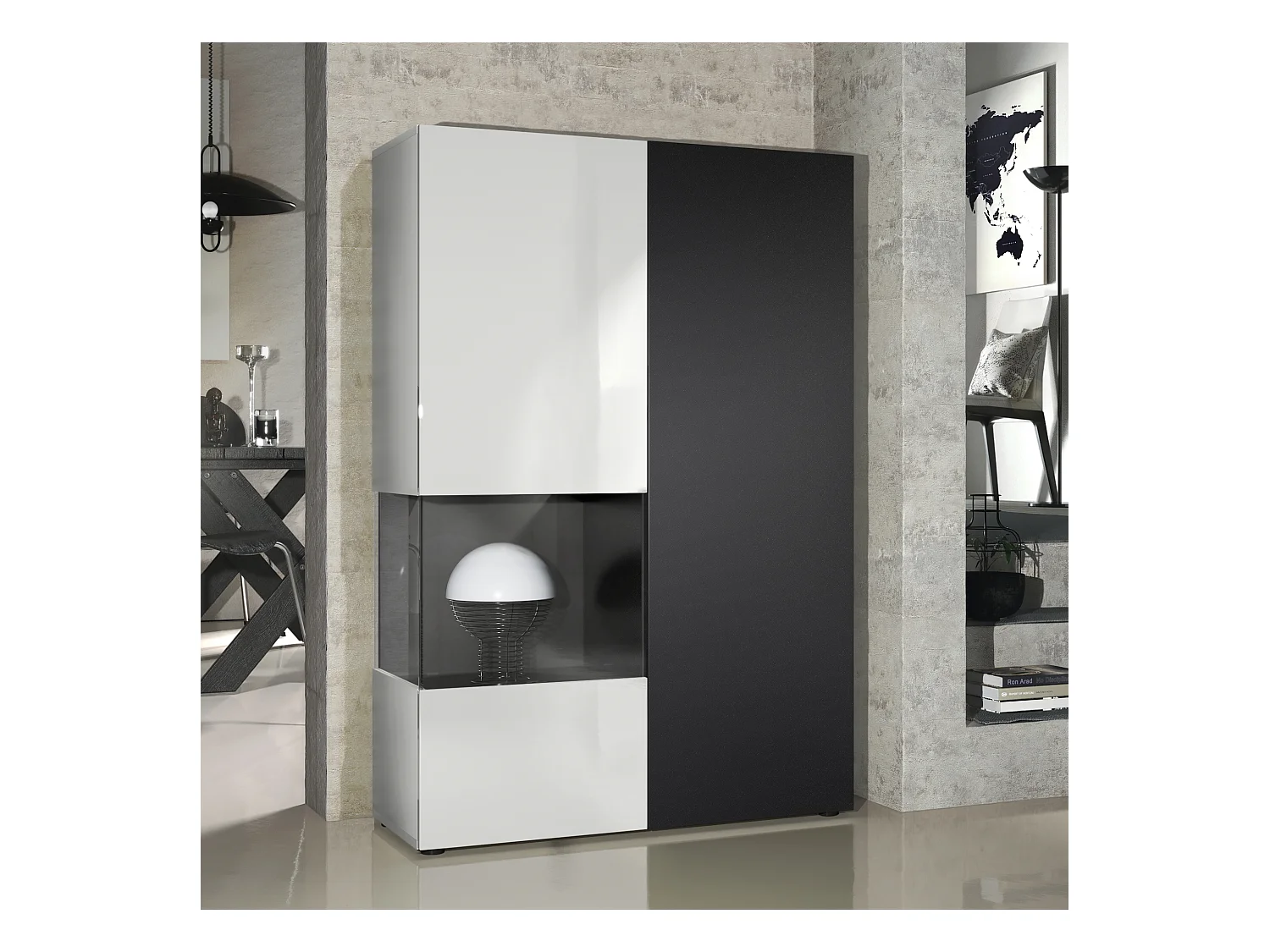 Vitrine Armoire Morena, Corps en Blanc mat / Porte droite et insert en Noir mat