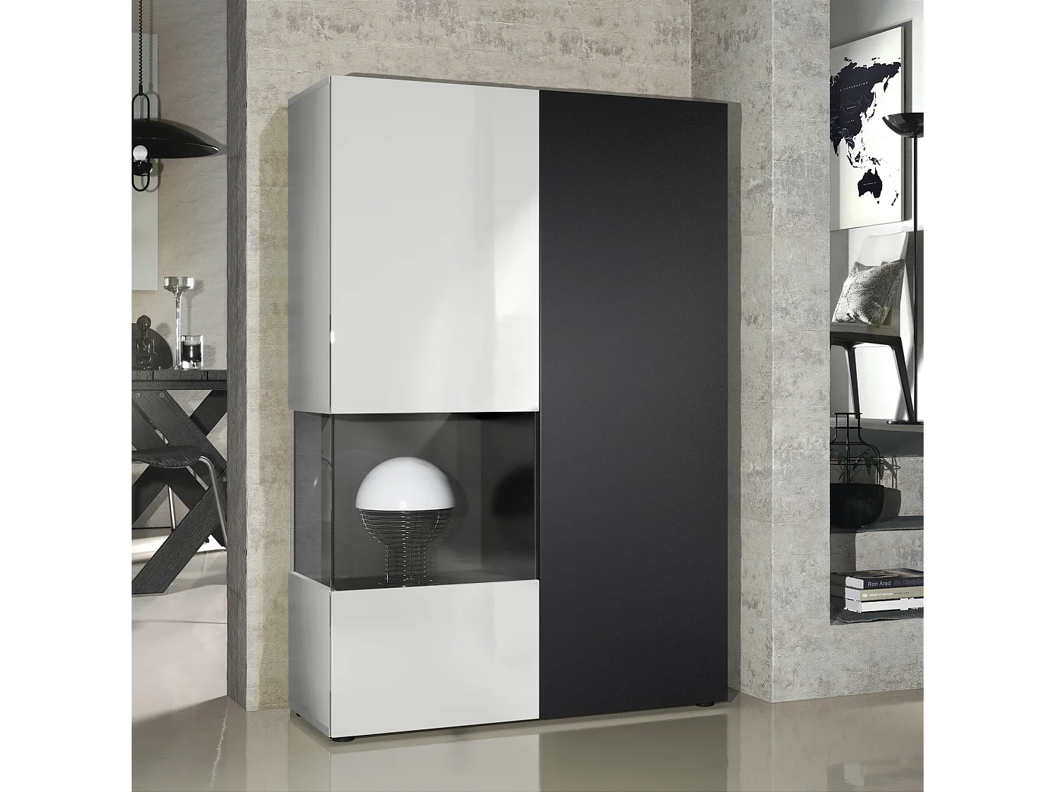 VITRINE Morena Tür und Einsatz in Schwarz matt