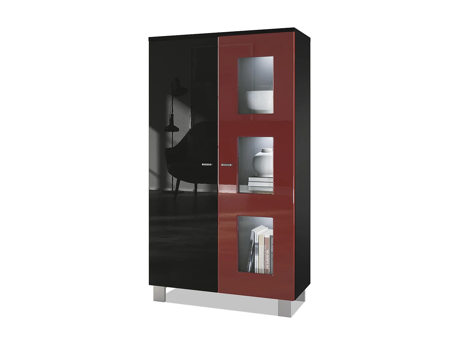 Vitrine de salon Denjo, Vitrine sur pied avec 2 portes et 3 vitres, Noir mat/Noir brillant/Bordeaux brillant, éclairage LED inclus (71 x 129 x 35 cm)