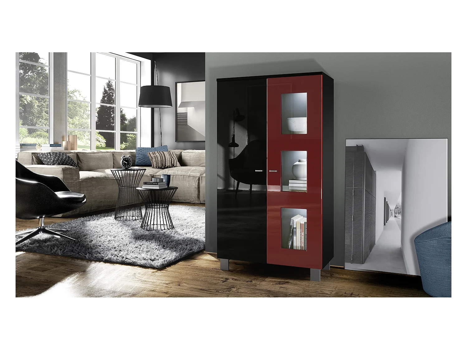 Vitrine de salon Denjo, Vitrine sur pied avec 2 portes et 3 vitres, Noir mat/Noir brillant/Bordeaux brillant, éclairage LED inclus (71 x 129 x 35 cm)