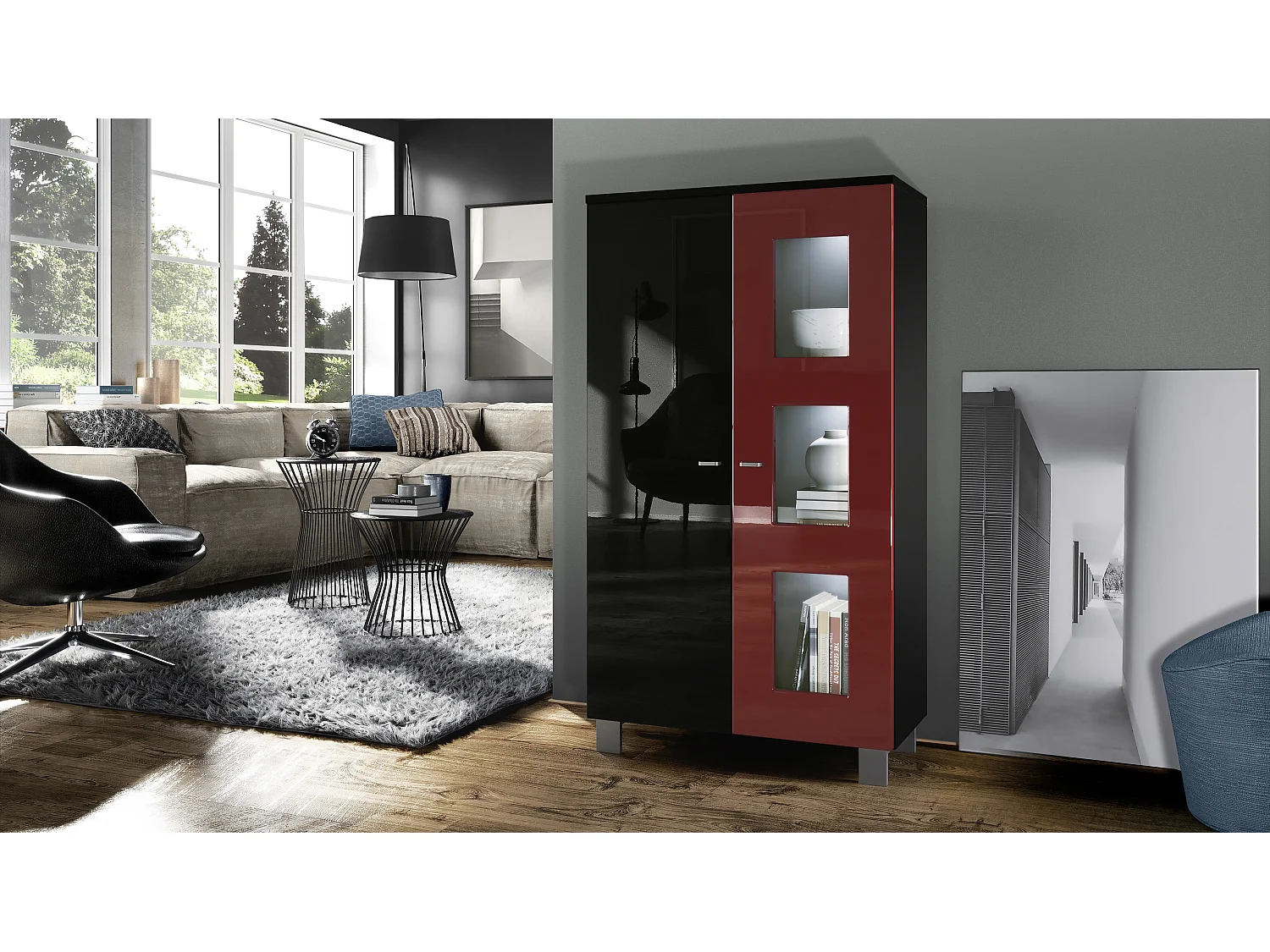 Vetrina  Denjo, vetrina indipendente con 2 ante e 3 pannelli in vetro, nero opaco/nero lucido/bordeaux lucido, illuminazione a LED inclusa