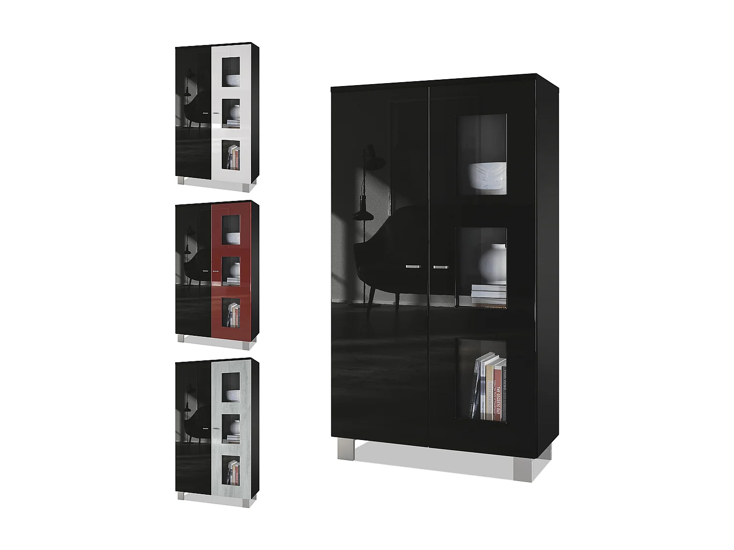 Vetrina  Denjo, vetrina indipendente con 2 ante e 3 pannelli in vetro, nero opaco/nero lucido/bordeaux lucido, illuminazione a LED inclusa