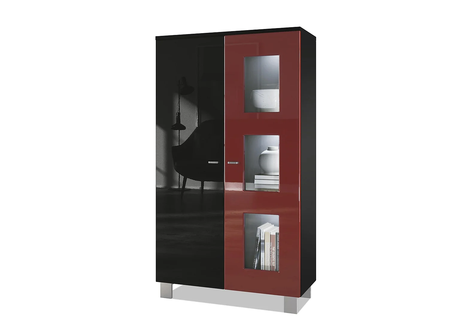 Vitrine de salon Denjo, Vitrine sur pied avec 2 portes et 3 vitres, Noir mat/Noir brillant/Bordeaux brillant, éclairage LED inclus (71 x 129 x 35 cm)