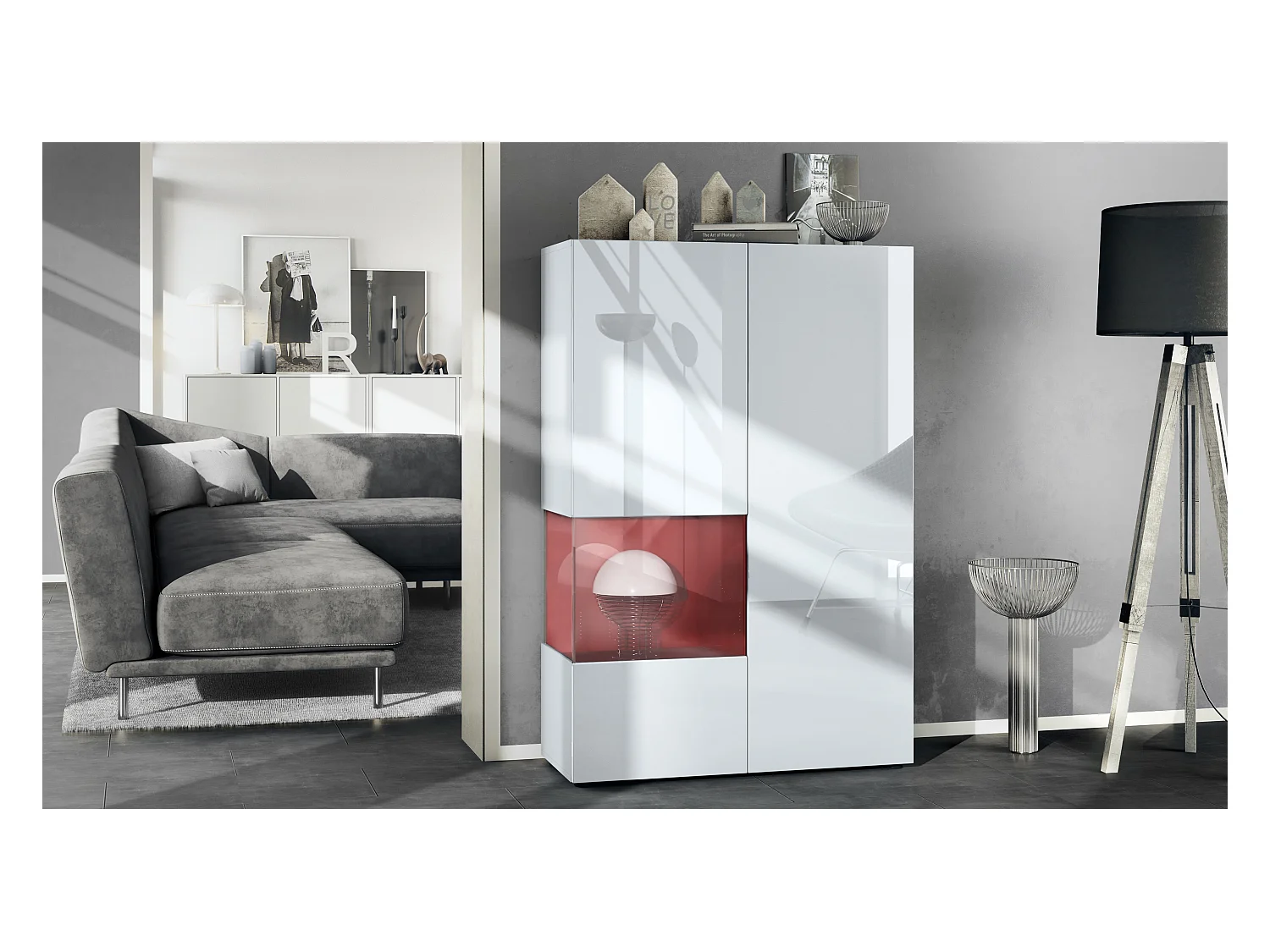 Vitrine Morena V2, vitrine sur pied avec 2 portes et insert en verre, corps blanc mat, façades blanc haute brillance, Cube noir haute brillance