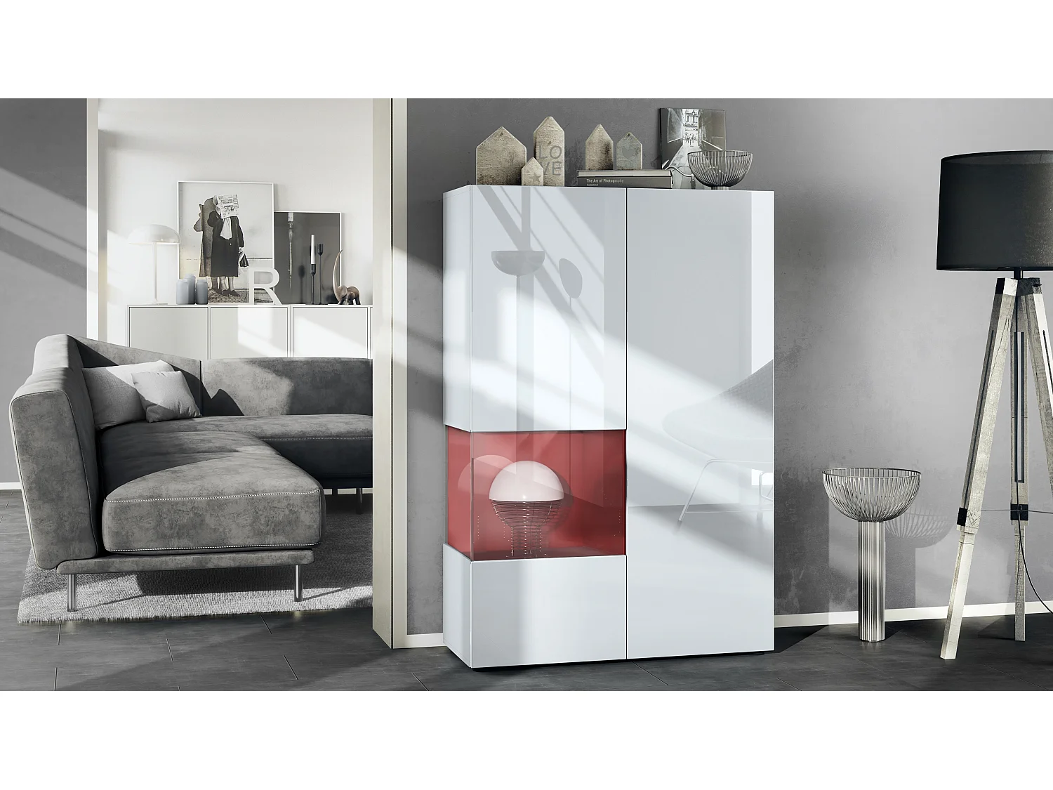 Vitrine Morena V2, vitrine sur pied avec 2 portes et insert en verre, corps blanc mat, façades blanc haute brillance, Cube noir haute brillance