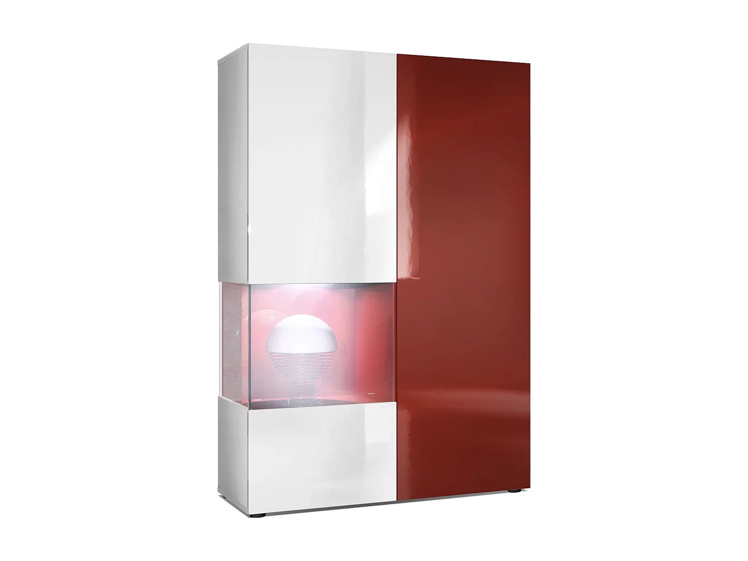 Vitrine Armoire Morena, Corps en Blanc mat / Porte droite et insert en Bordeaux haute brillance avec éclairage LED