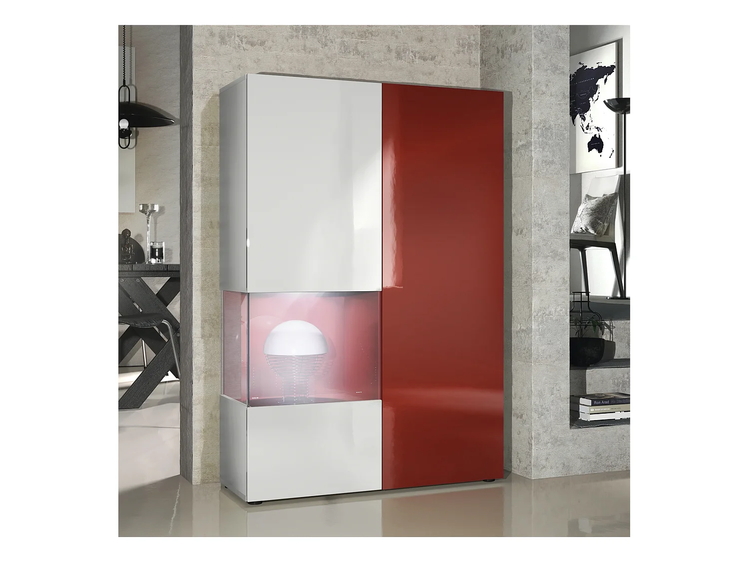 Vitrine Armoire Morena, Corps en Blanc mat / Porte droite et insert en Bordeaux haute brillance avec éclairage LED