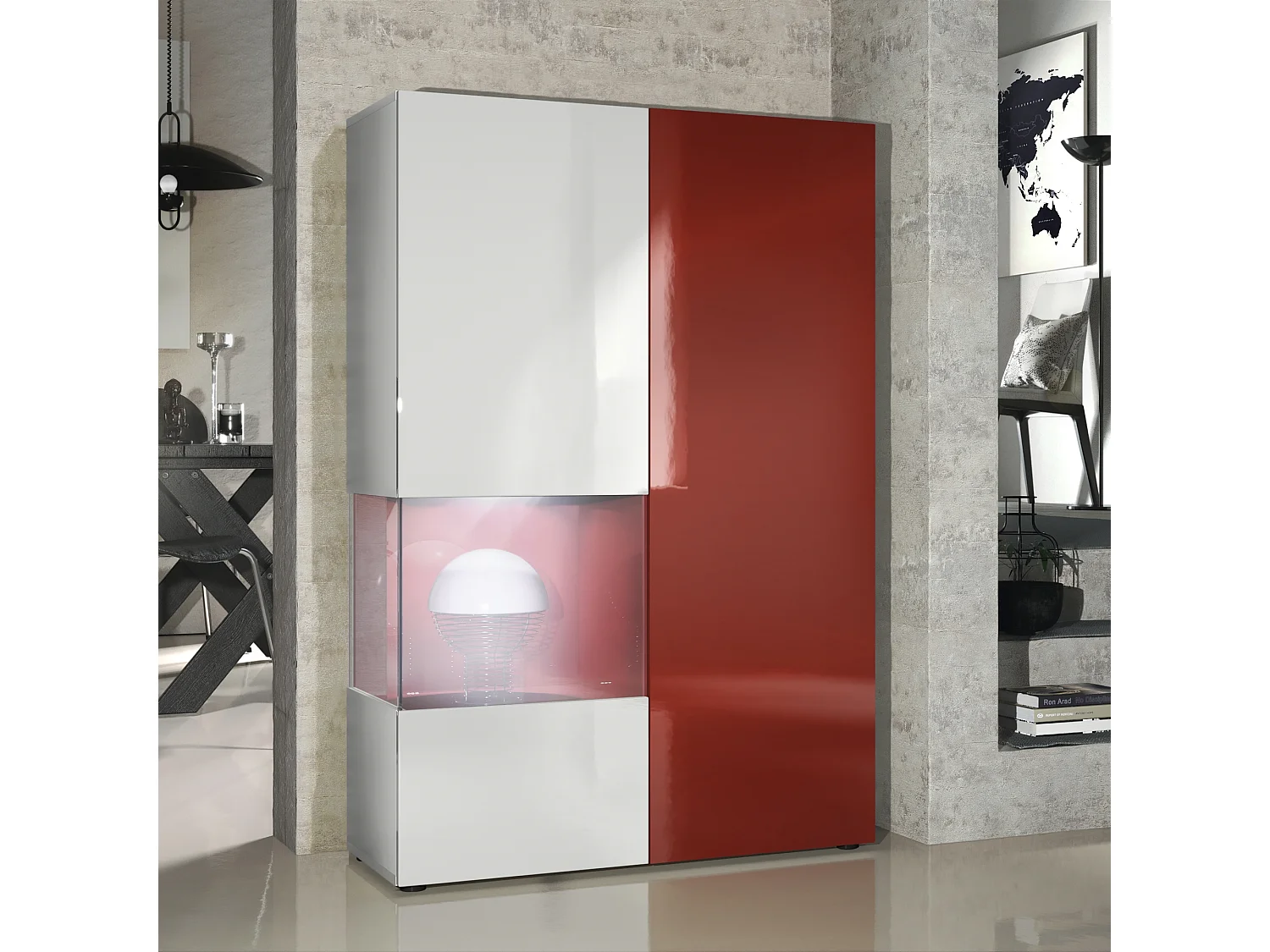 Armadio espositivo alto Morena, struttura in bianco opaco / anta destra e inserto in bordeaux lucido con illuminazione a LED