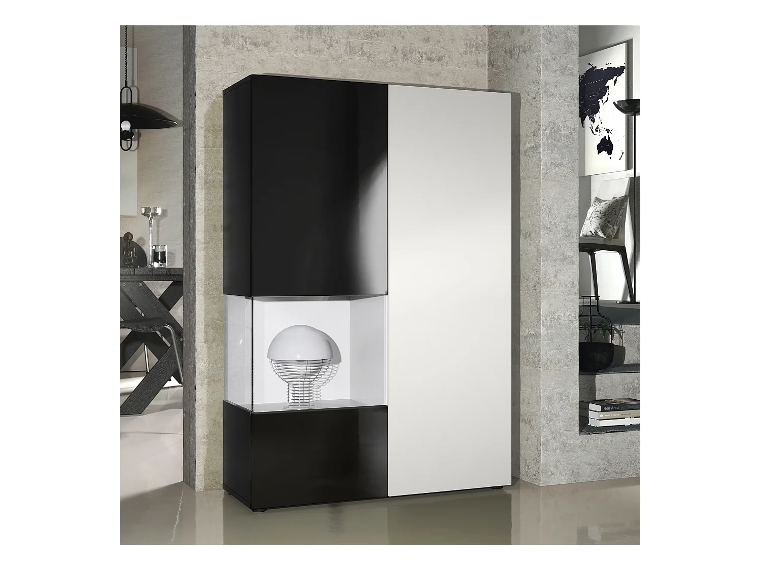 Vitrine Armoire Morena, Corps en Noir mat / Porte droite et insert en Blanc mat