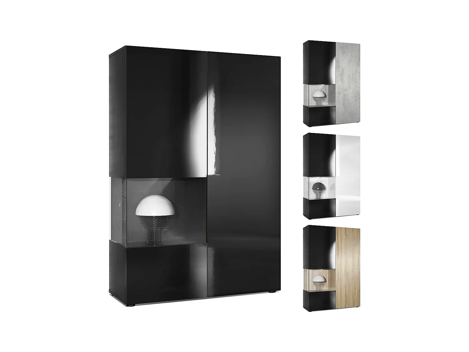 Vitrine Armoire Morena, Corps en Noir mat / Porte droite et insert en Blanc mat