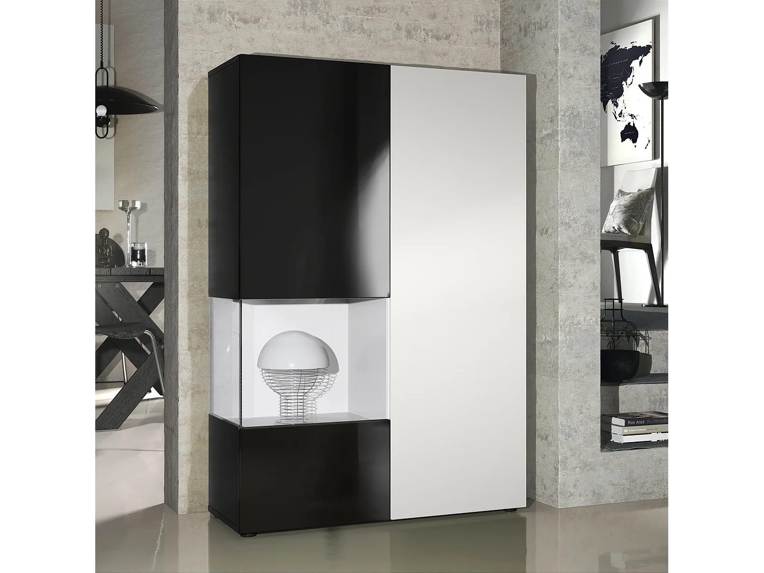 Armadio espositivo alto Morena, Struttura in nero opaco / Anta destra e inserto in bianco opaco